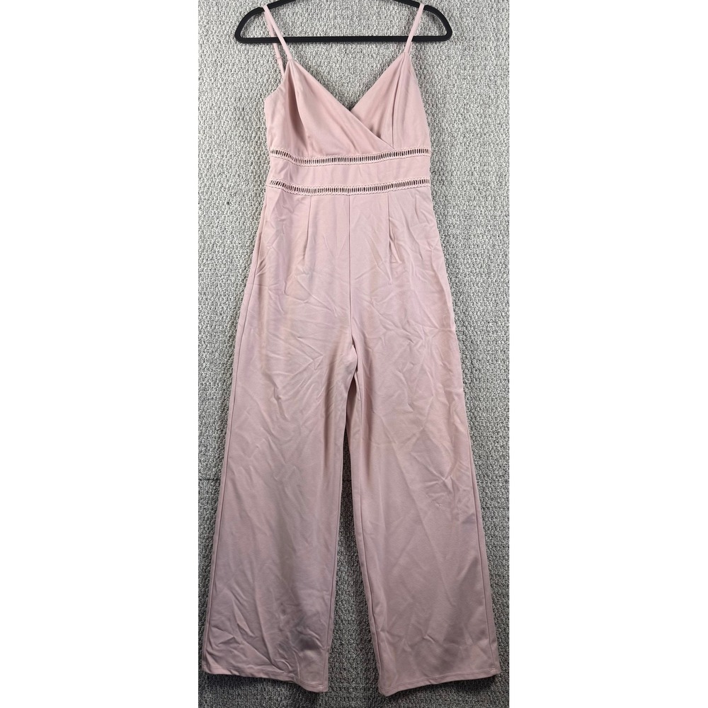 Mi Ami Jumpsuit Medium Pink Wide Leg Crochet Lace Trim Sleeveless V-Neck